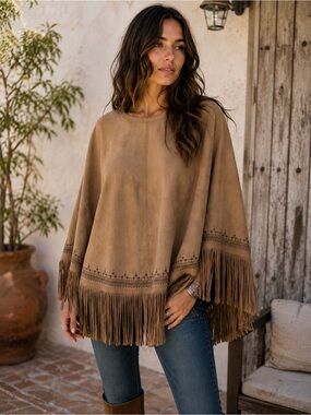 LAMARQUE “Ely” Suede Poncho with Fringe and Eyelet Trim, in the Latte/tan colour
